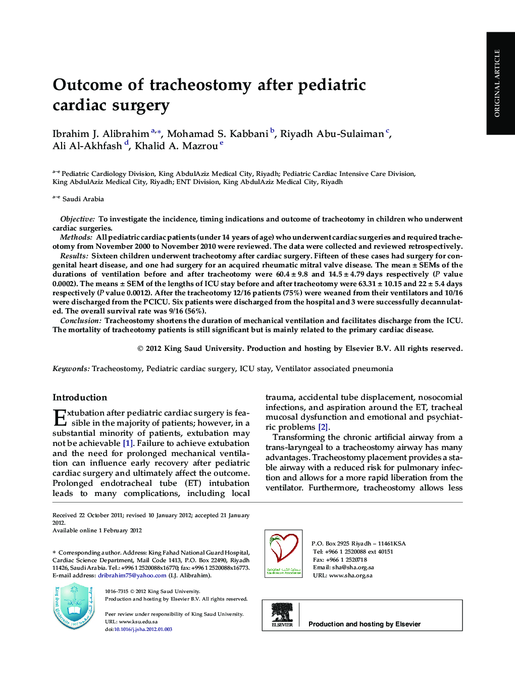 Outcome of tracheostomy after pediatric cardiac surgery 