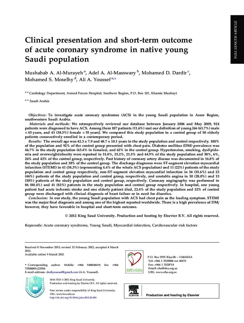 Clinical presentation and short-term outcome of acute coronary syndrome in native young Saudi population 