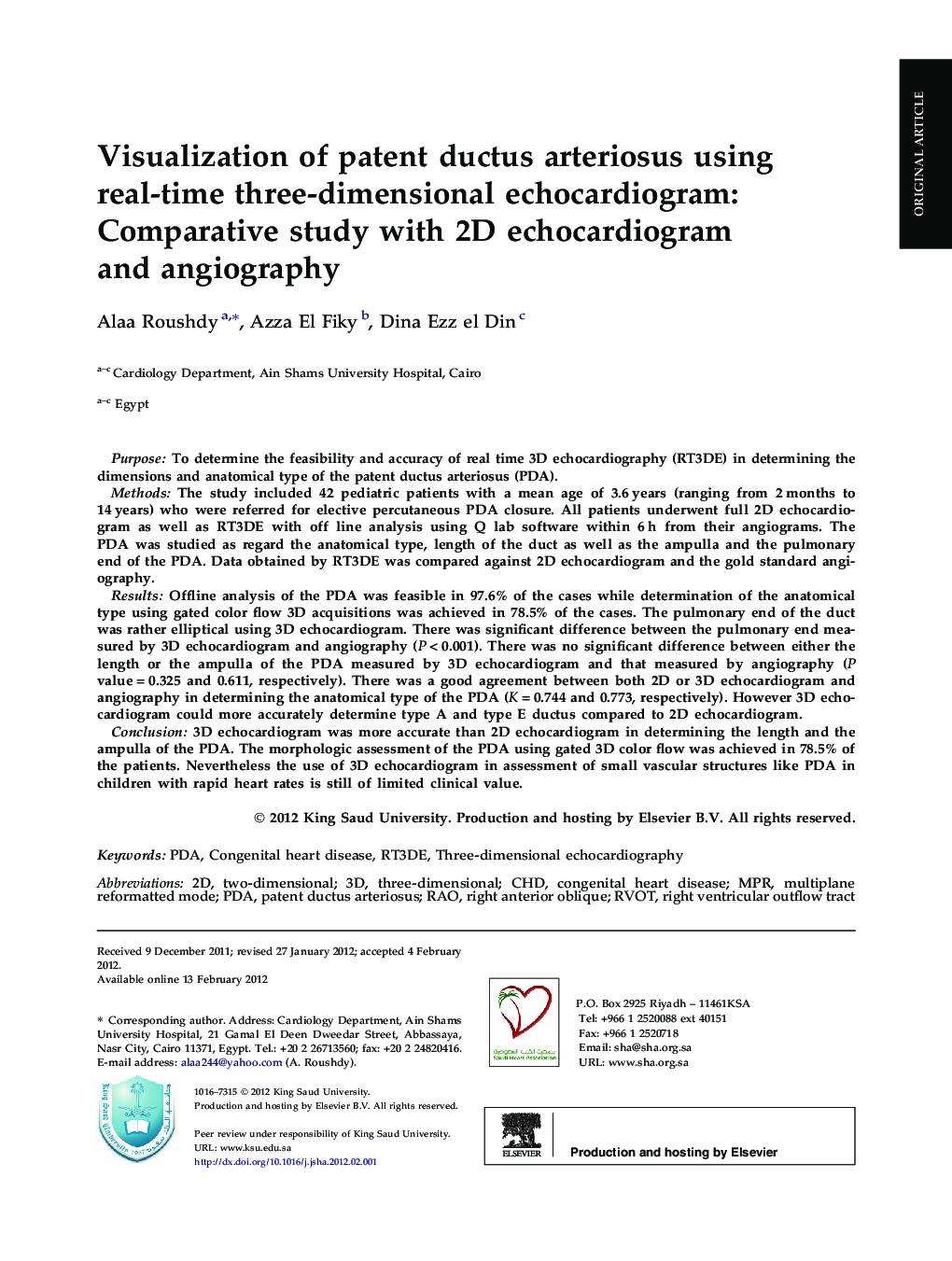 Visualization of patent ductus arteriosus using real-time three-dimensional echocardiogram: Comparative study with 2D echocardiogram and angiography 