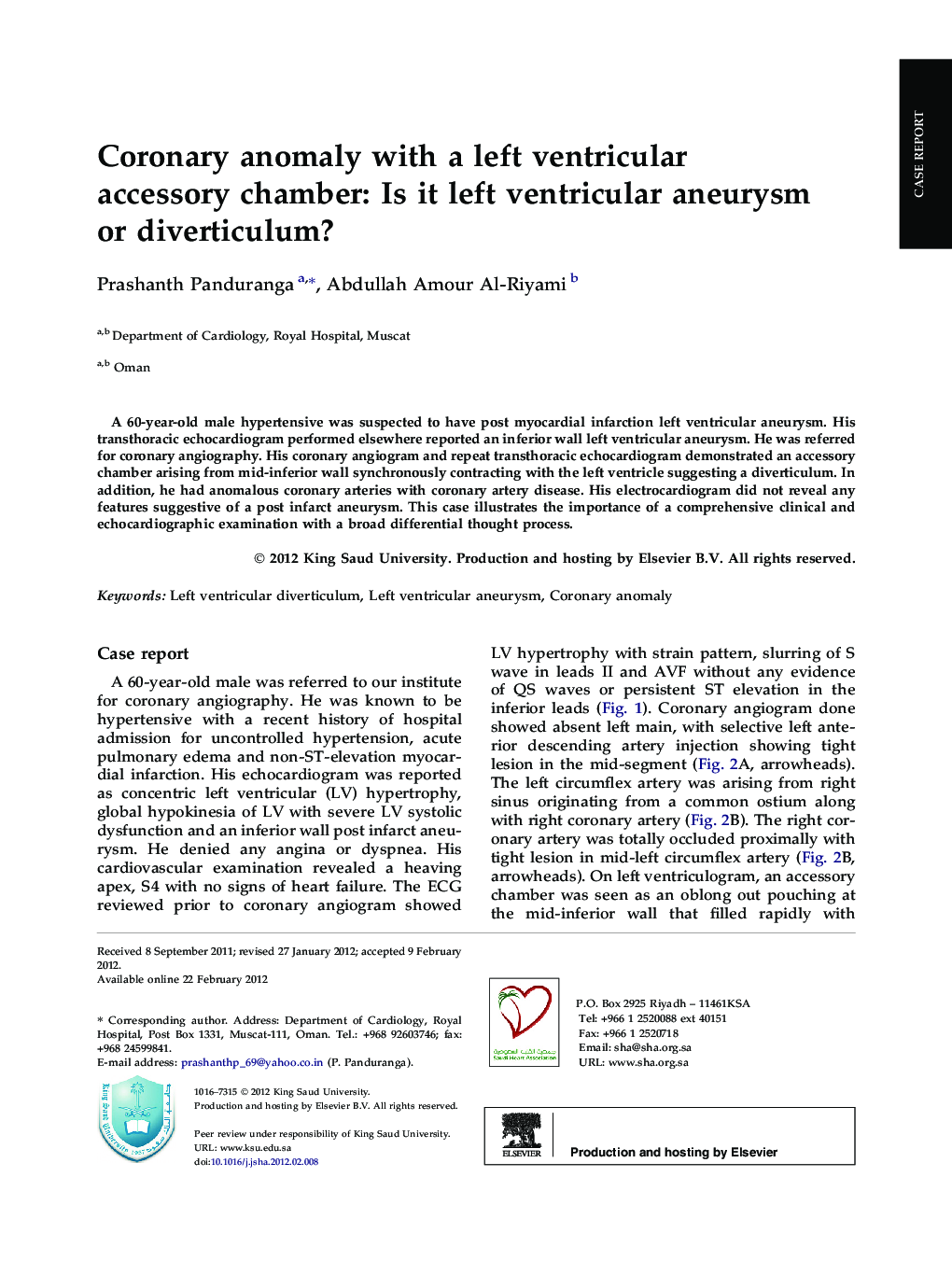 Coronary anomaly with a left ventricular accessory chamber: Is it left ventricular aneurysm or diverticulum? 
