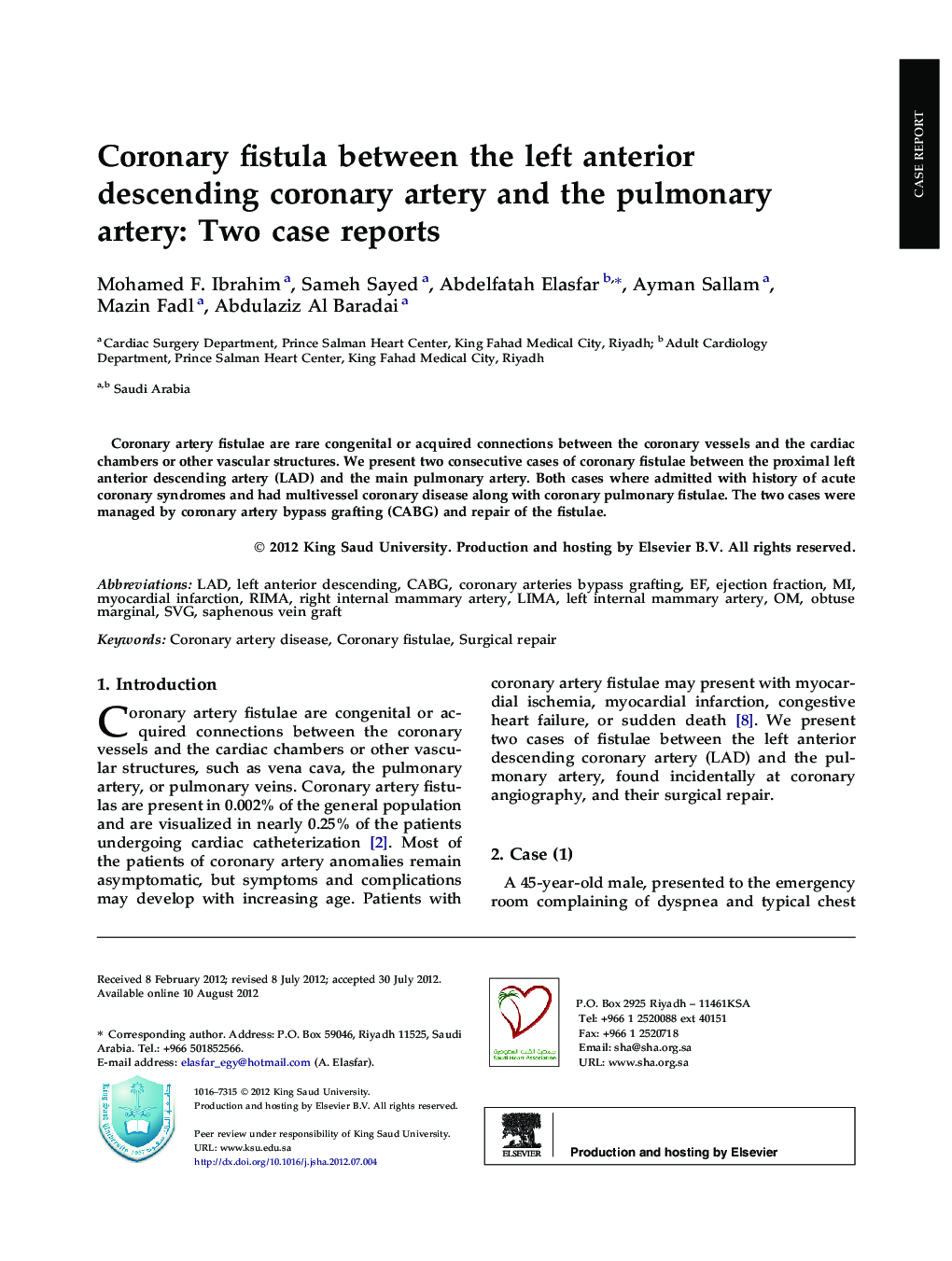 Coronary fistula between the left anterior descending coronary artery and the pulmonary artery: Two case reports 