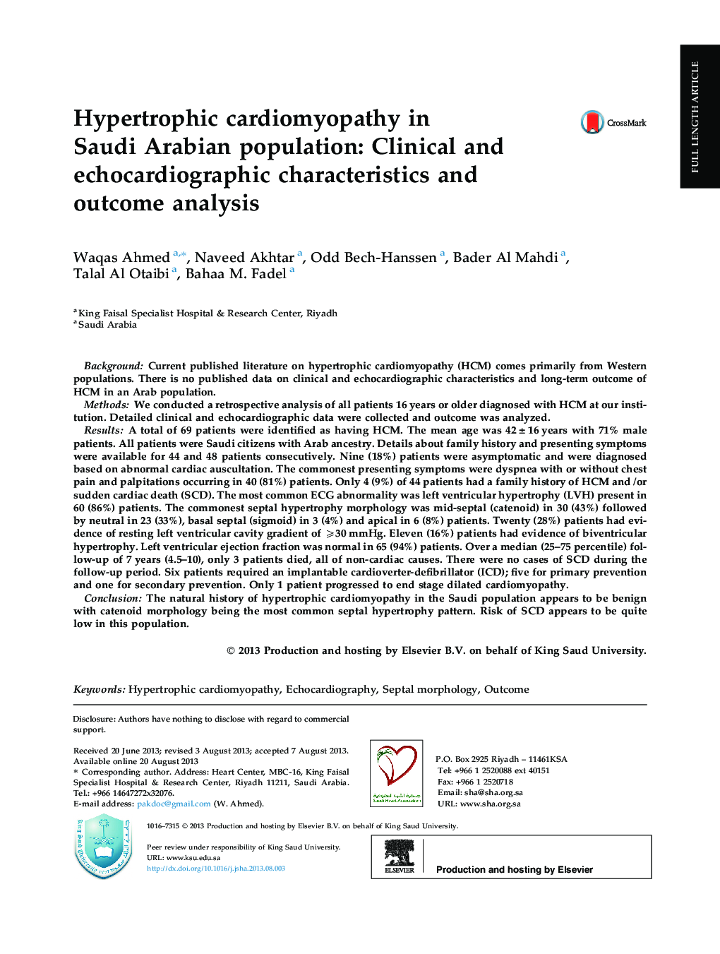 Hypertrophic cardiomyopathy in the Saudi Arabian population: Clinical and echocardiographic characteristics and outcome analysis 