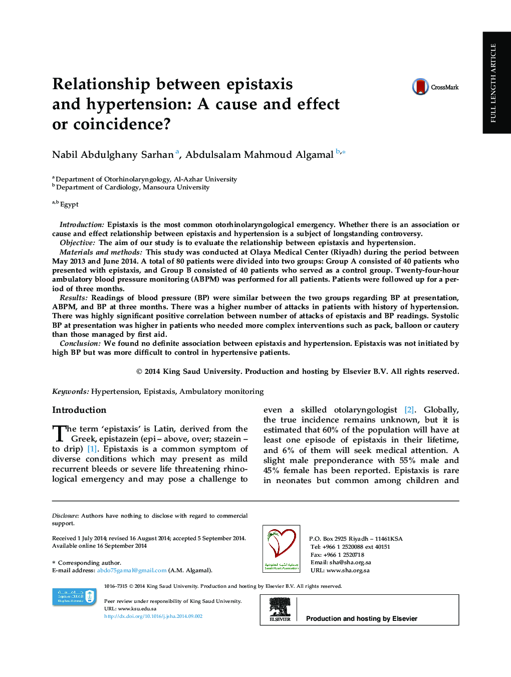 Relationship between epistaxis and hypertension: A cause and effect or coincidence? 