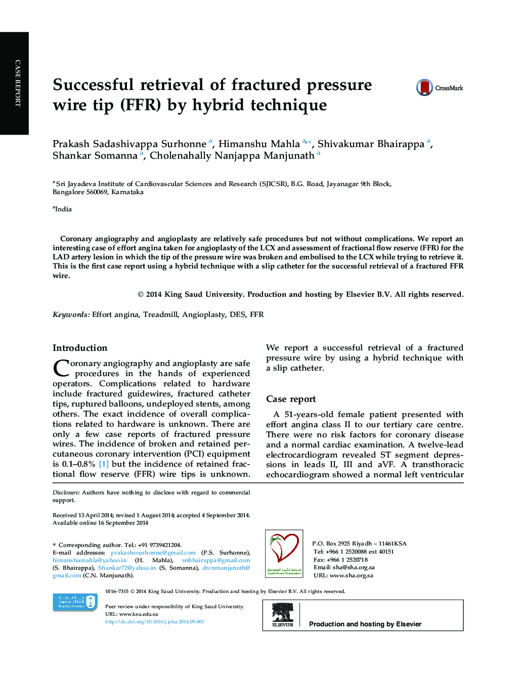 Successful retrieval of fractured pressure wire tip (FFR) by hybrid technique 
