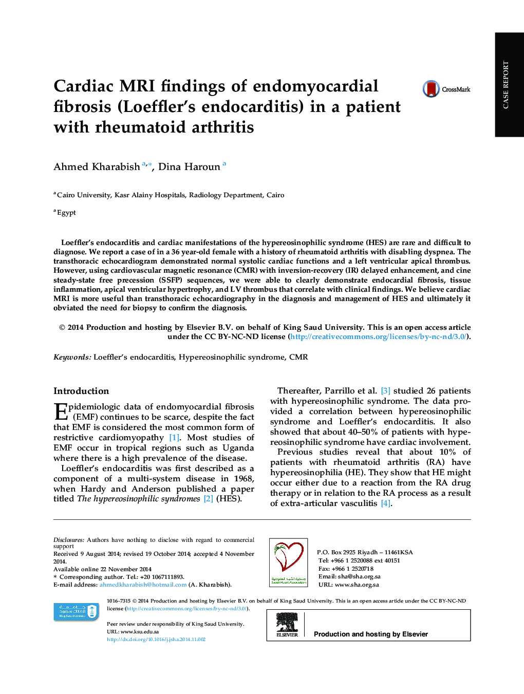 Cardiac MRI findings of endomyocardial fibrosis (Loeffler’s endocarditis) in a patient with rheumatoid arthritis 