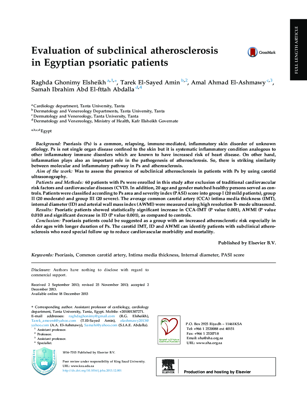 Evaluation of subclinical atherosclerosis in Egyptian psoriatic patients 
