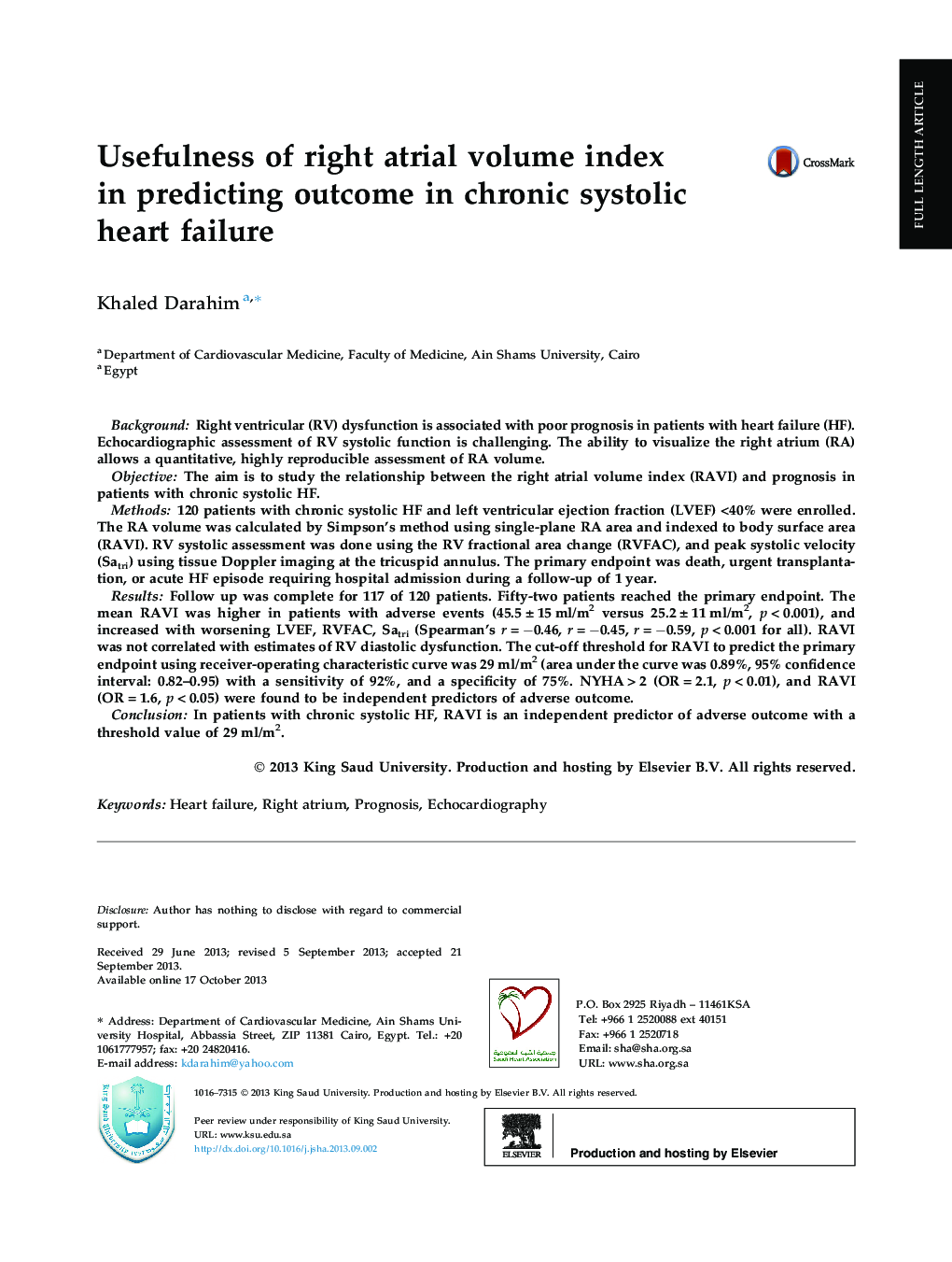 Usefulness of right atrial volume index in predicting outcome in chronic systolic heart failure 