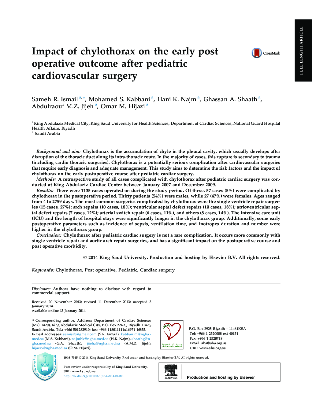 Impact of chylothorax on the early post operative outcome after pediatric cardiovascular surgery 