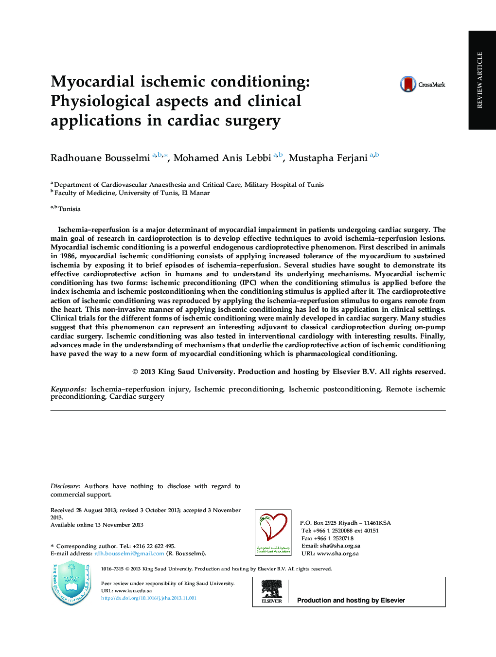 Myocardial ischemic conditioning: Physiological aspects and clinical applications in cardiac surgery 