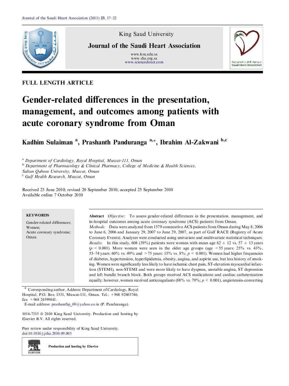 Gender-related differences in the presentation, management, and outcomes among patients with acute coronary syndrome from Oman