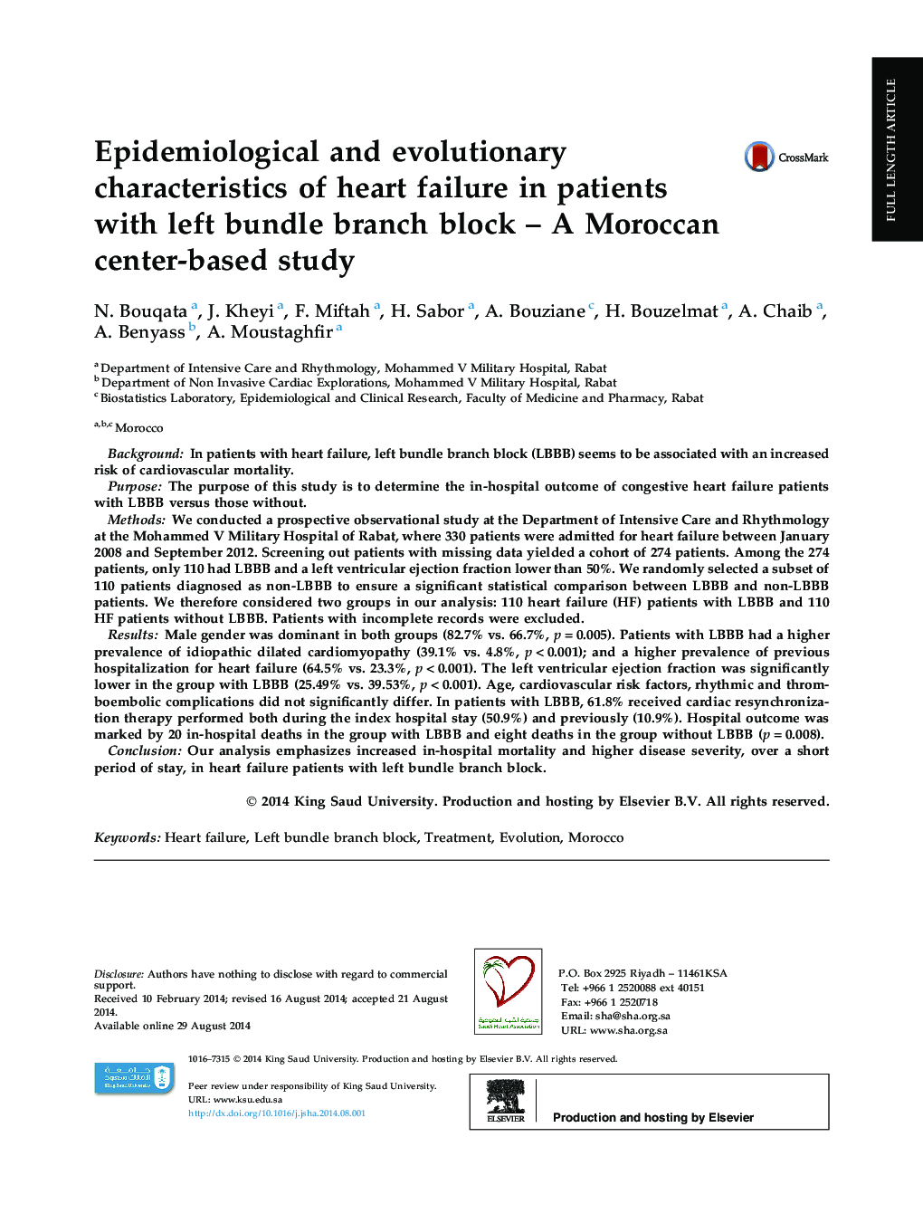Epidemiological and evolutionary characteristics of heart failure in patients with left bundle branch block – A Moroccan center-based study 