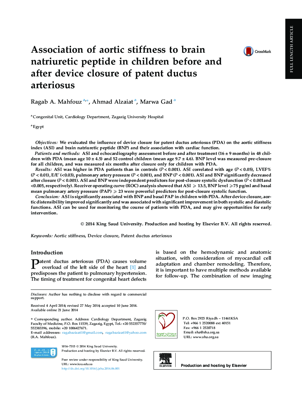 Association of aortic stiffness to brain natriuretic peptide in children before and after device closure of patent ductus arteriosus 