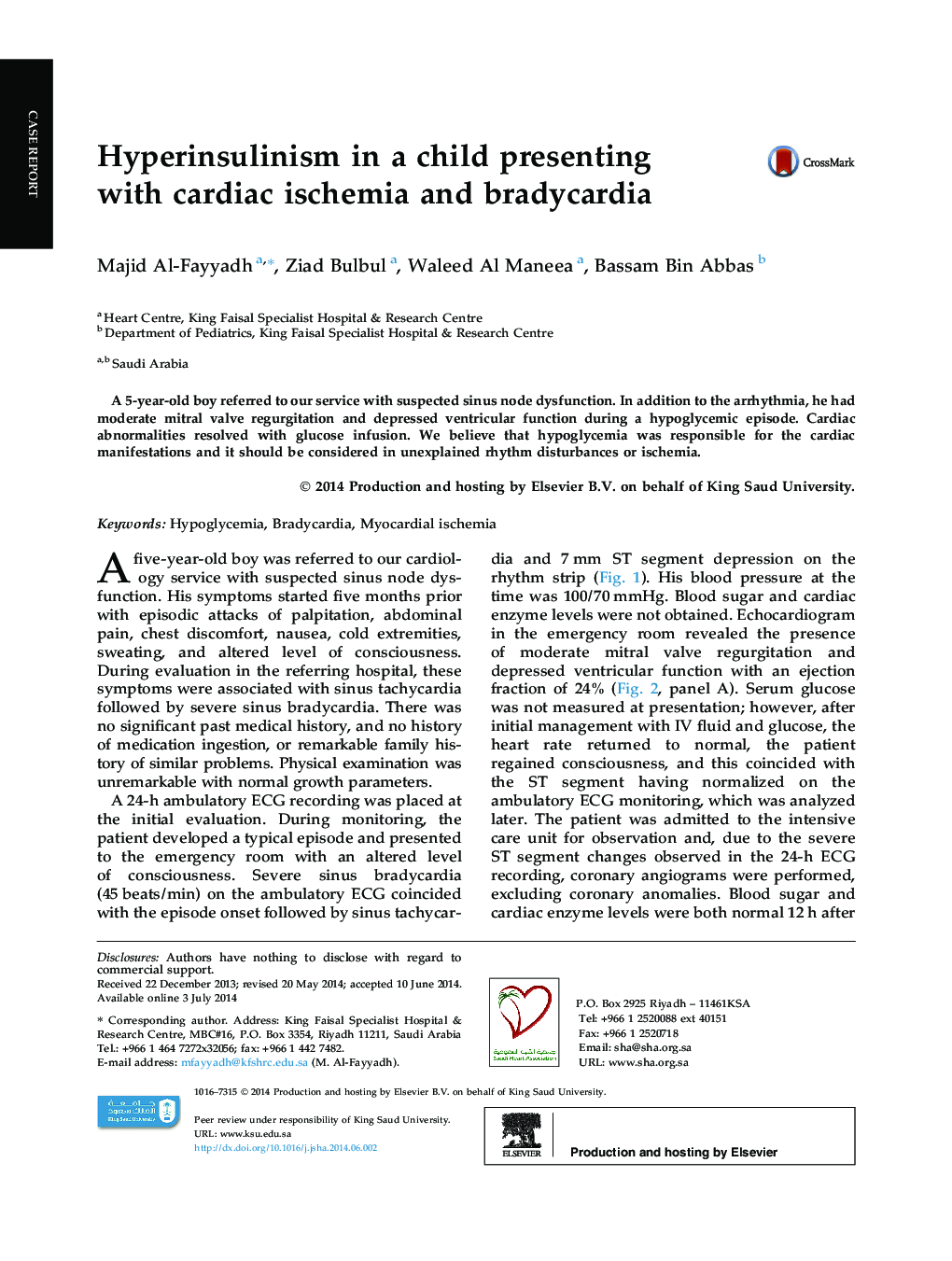 Hyperinsulinism in a child presenting with cardiac ischemia and bradycardia 