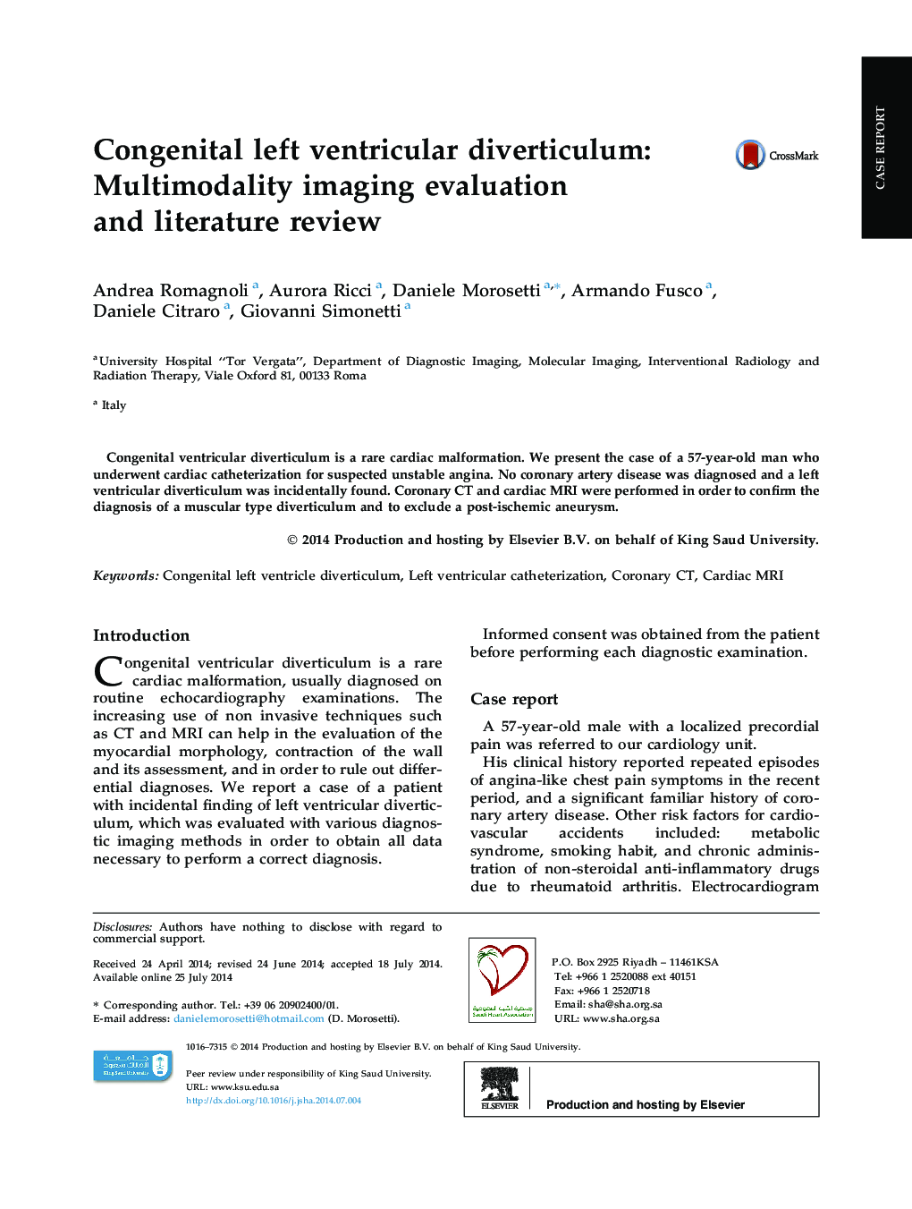 Congenital left ventricular diverticulum: Multimodality imaging evaluation and literature review 
