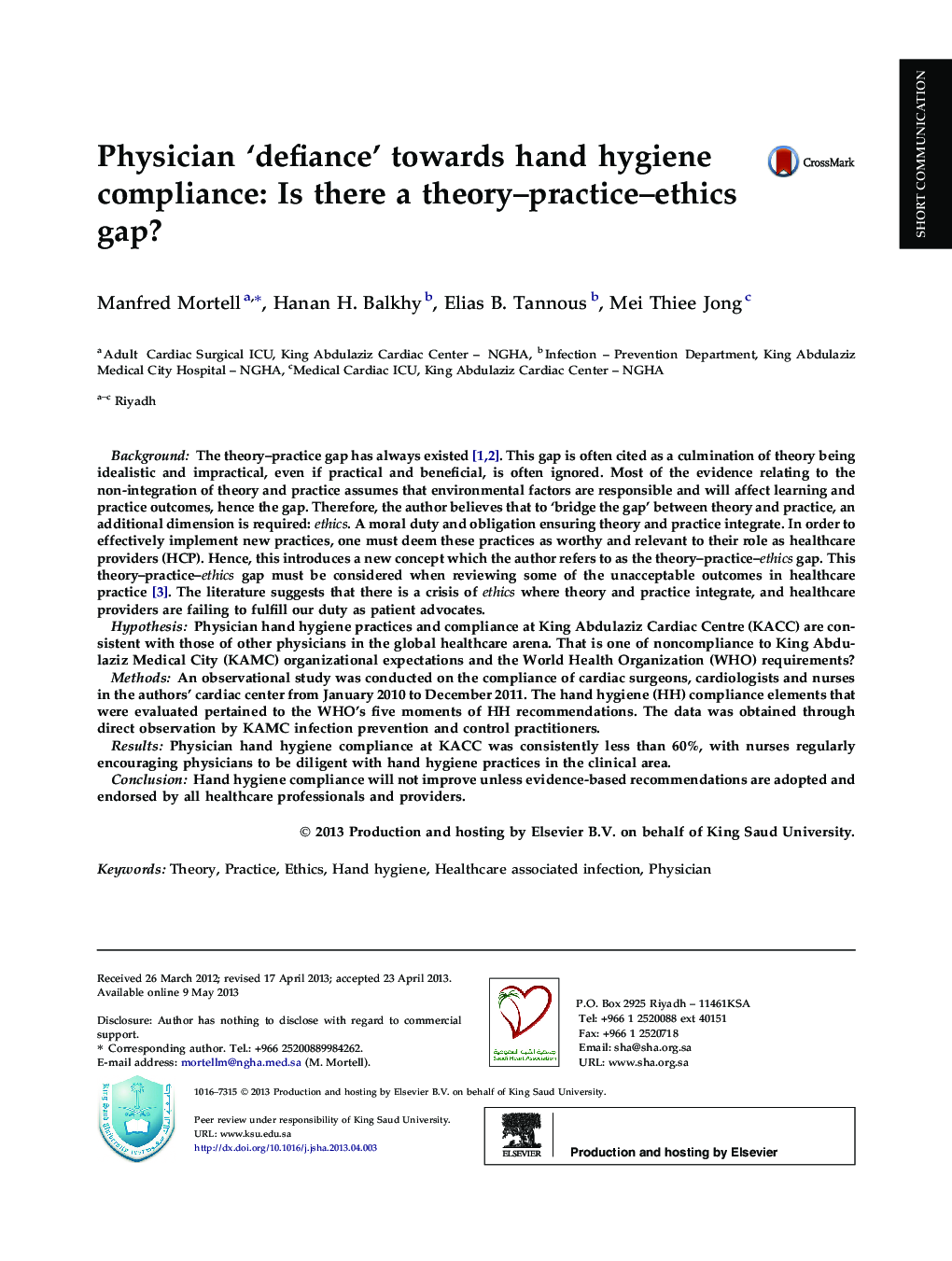 Physician ‘defiance’ towards hand hygiene compliance: Is there a theory–practice–ethics gap? 