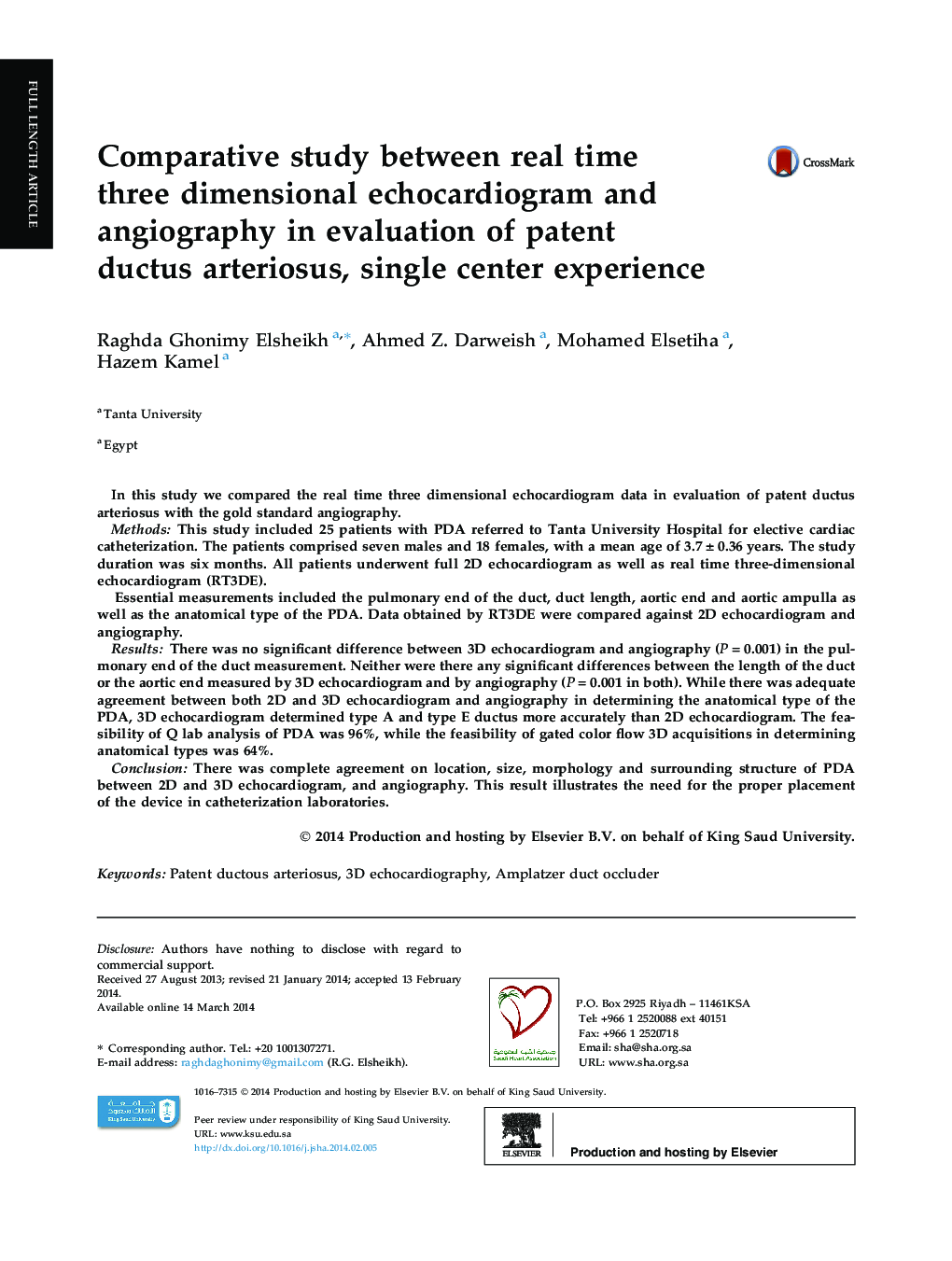 Comparative study between real time three dimensional echocardiogram and angiography in evaluation of patent ductus arteriosus, single center experience 