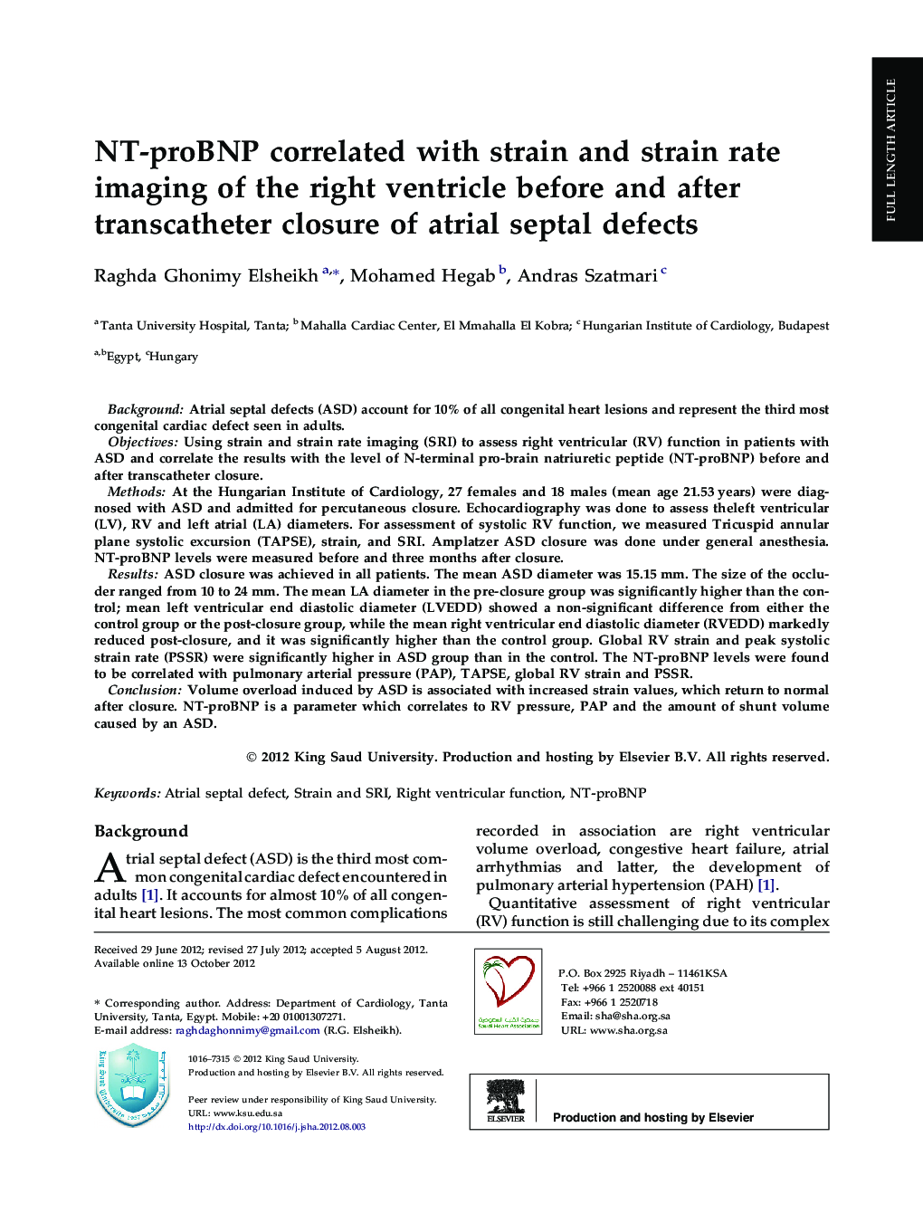 NT-proBNP correlated with strain and strain rate imaging of the right ventricle before and after transcatheter closure of atrial septal defects 