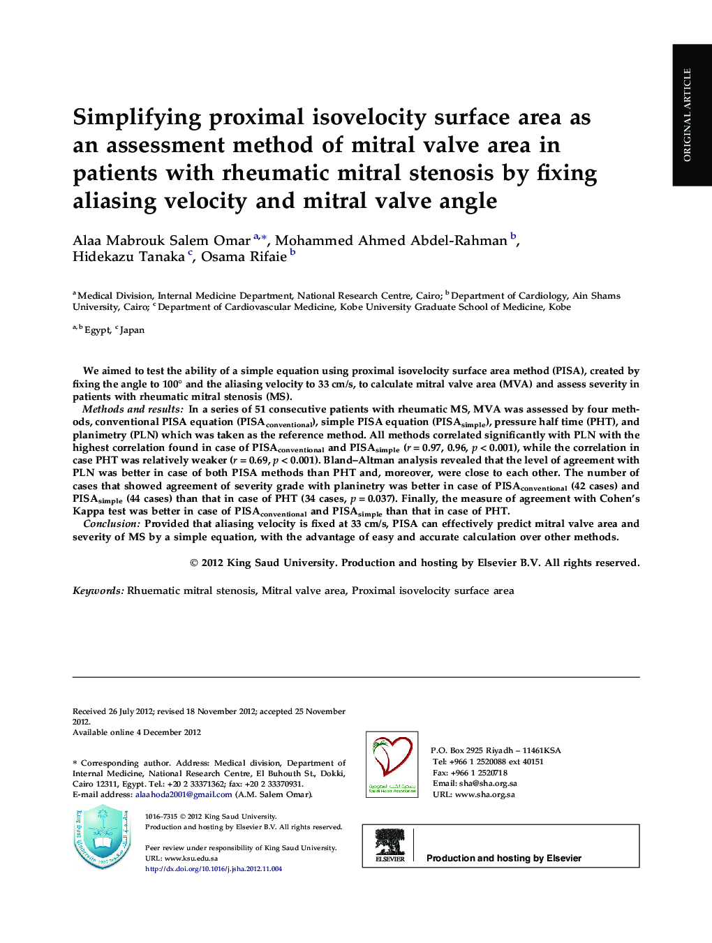 Simplifying proximal isovelocity surface area as an assessment method of mitral valve area in patients with rheumatic mitral stenosis by fixing aliasing velocity and mitral valve angle 