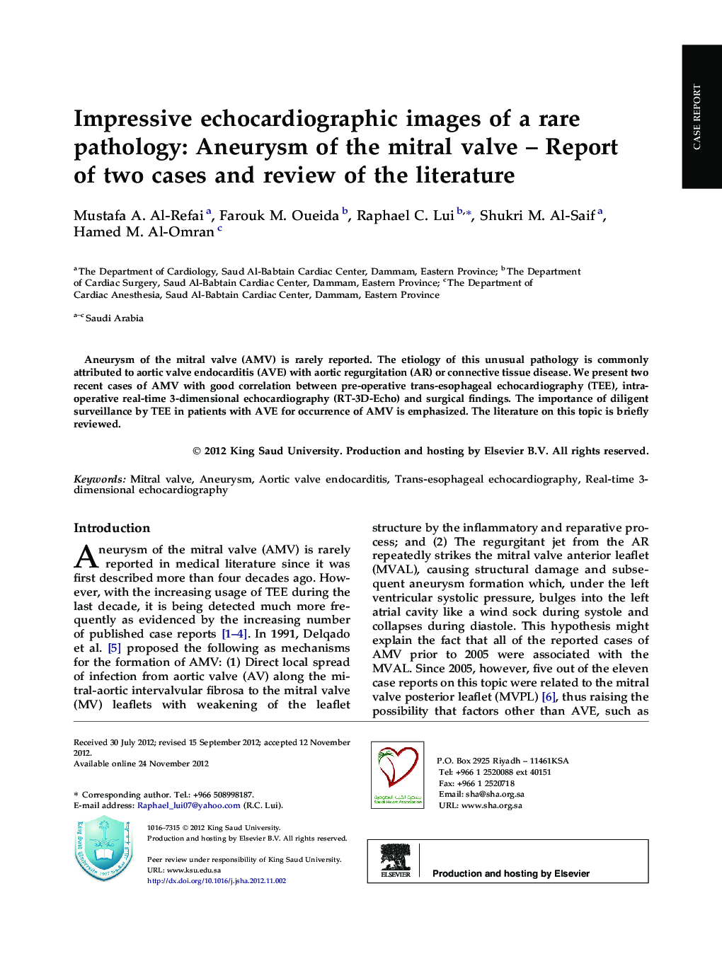 Impressive echocardiographic images of a rare pathology: Aneurysm of the mitral valve – Report of two cases and review of the literature 