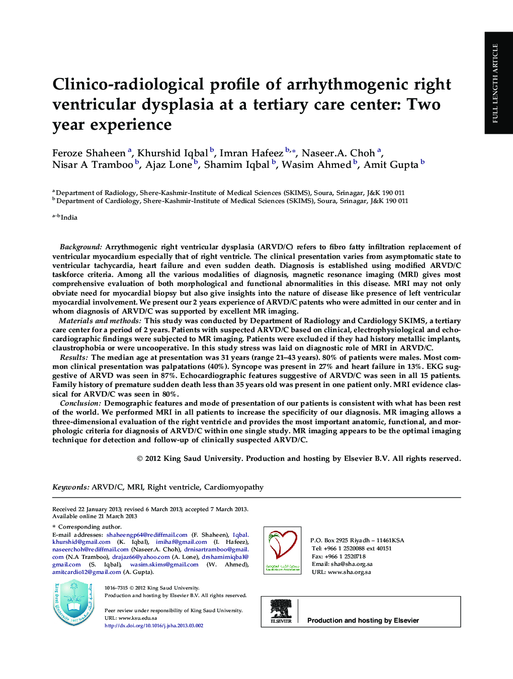 Clinico-radiological profile of arrhythmogenic right ventricular dysplasia at a tertiary care center: Two year experience 