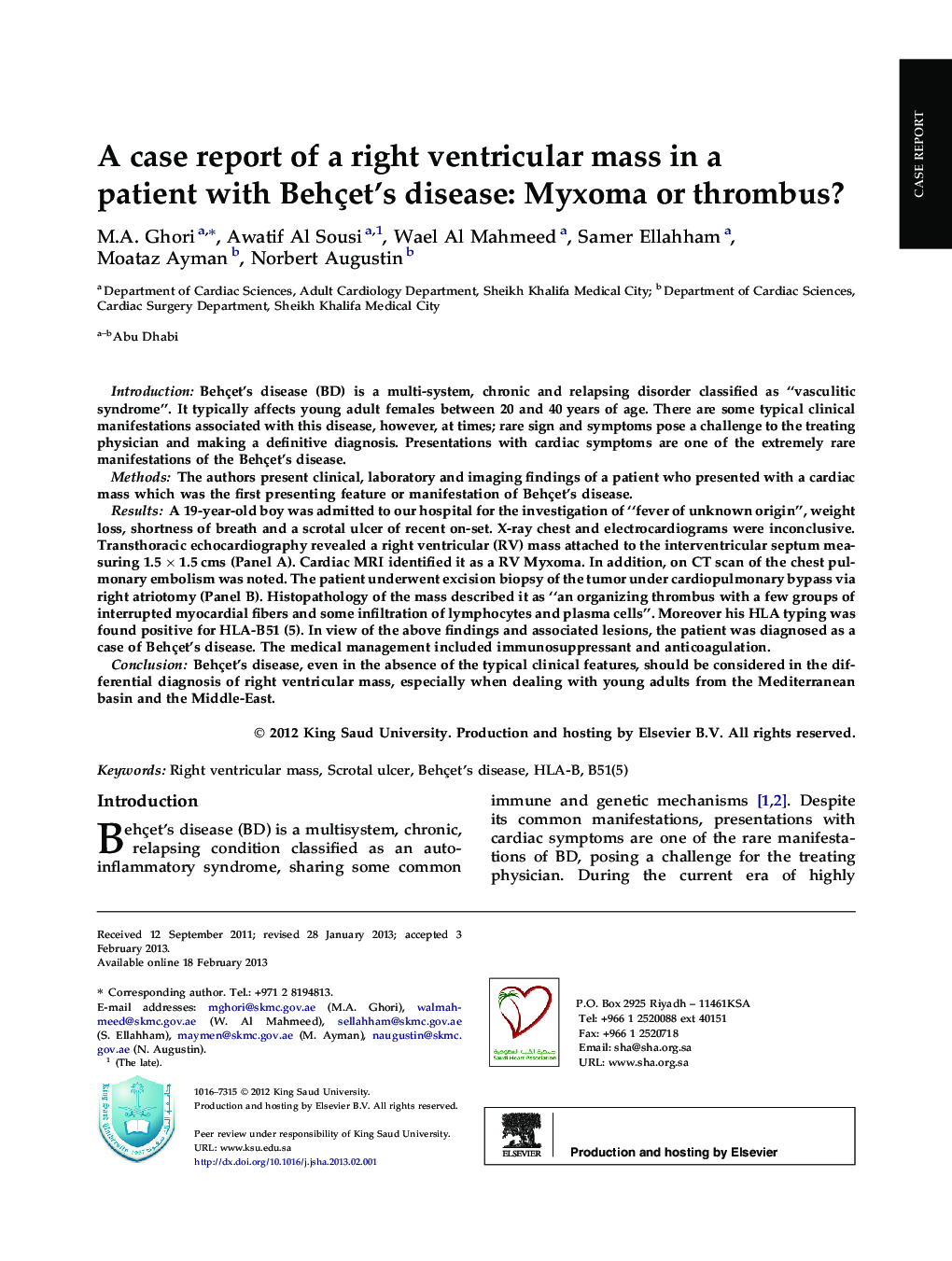 A case report of a right ventricular mass in a patient with Behçet’s disease: Myxoma or thrombus? 