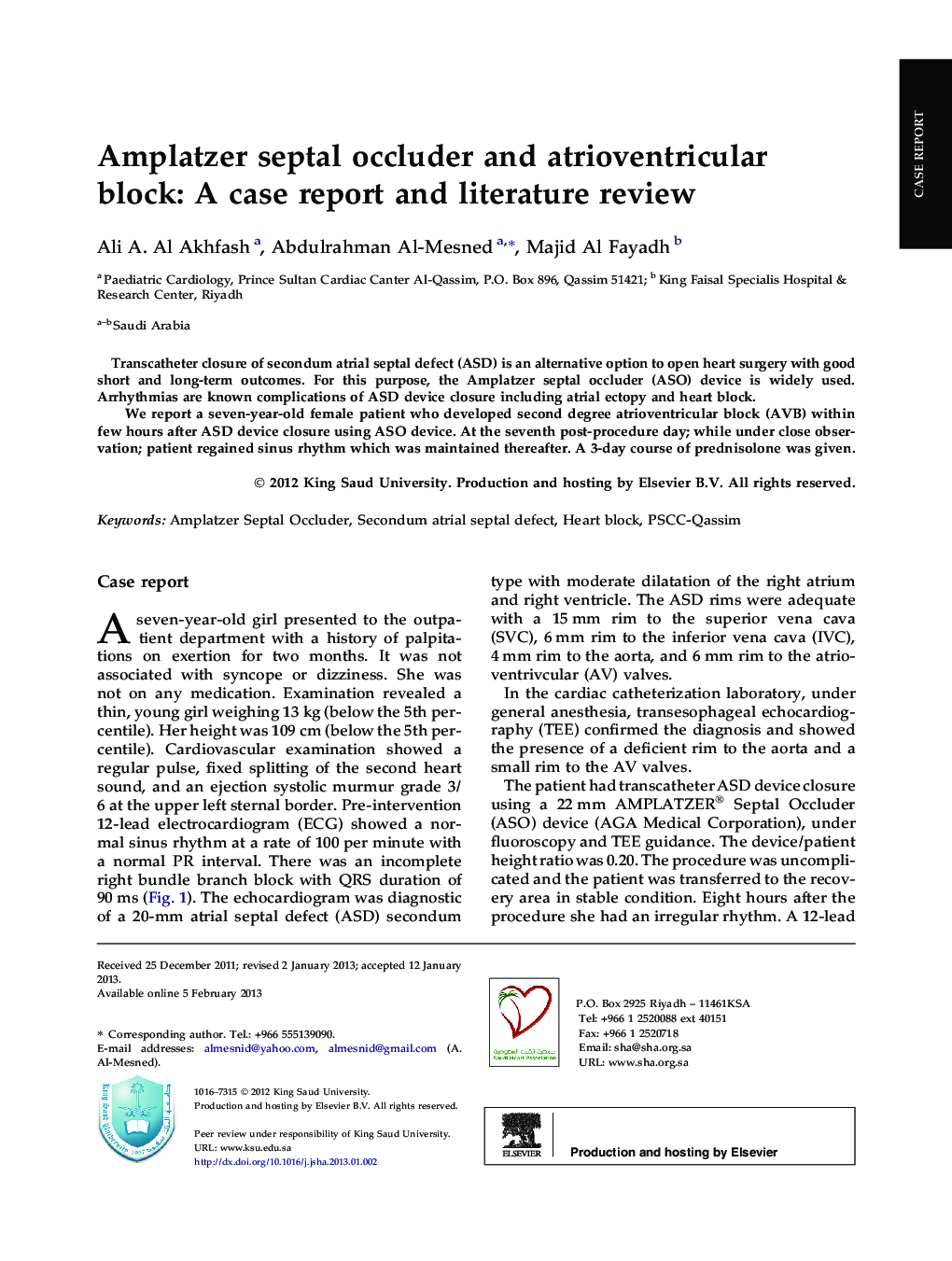 Amplatzer septal occluder and atrioventricular block: A case report and literature review 