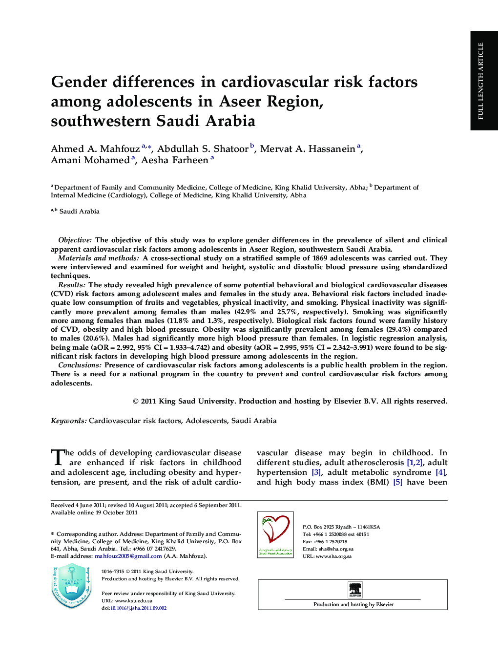 Gender differences in cardiovascular risk factors among adolescents in Aseer Region, southwestern Saudi Arabia