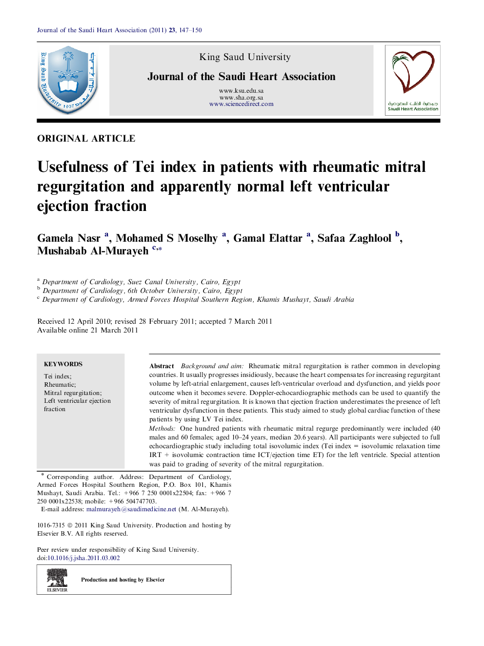 Usefulness of Tei index in patients with rheumatic mitral regurgitation and apparently normal left ventricular ejection fraction