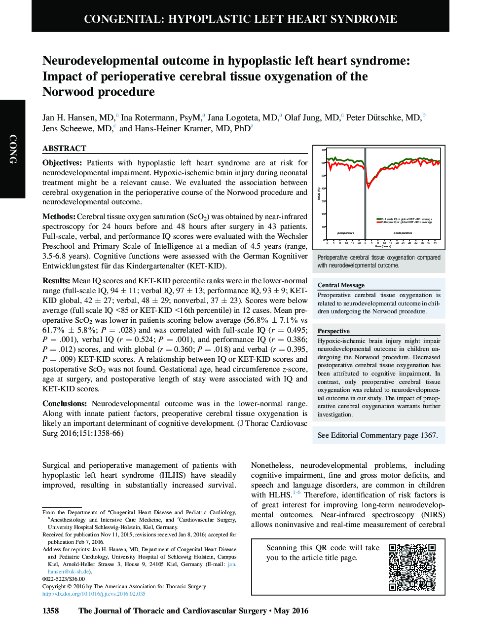 Neurodevelopmental outcome in hypoplastic left heart syndrome: Impact of perioperative cerebral tissue oxygenation of the Norwood procedure