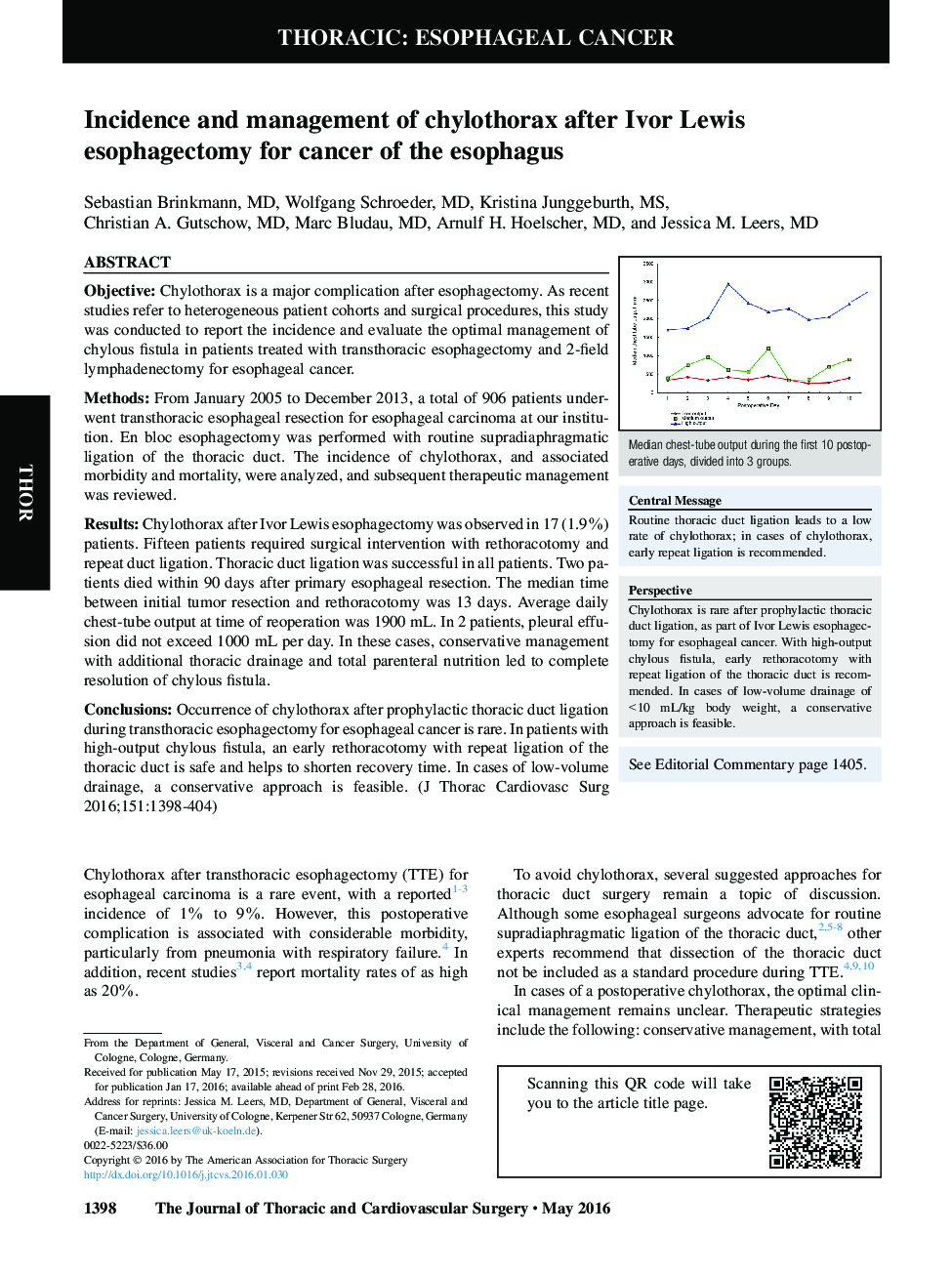 Incidence and management of chylothorax after Ivor Lewis esophagectomy for cancer of the esophagus