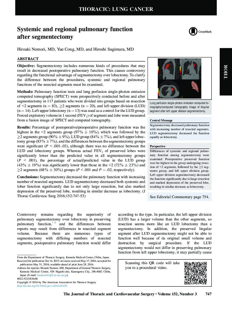 Systemic and regional pulmonary function after segmentectomy