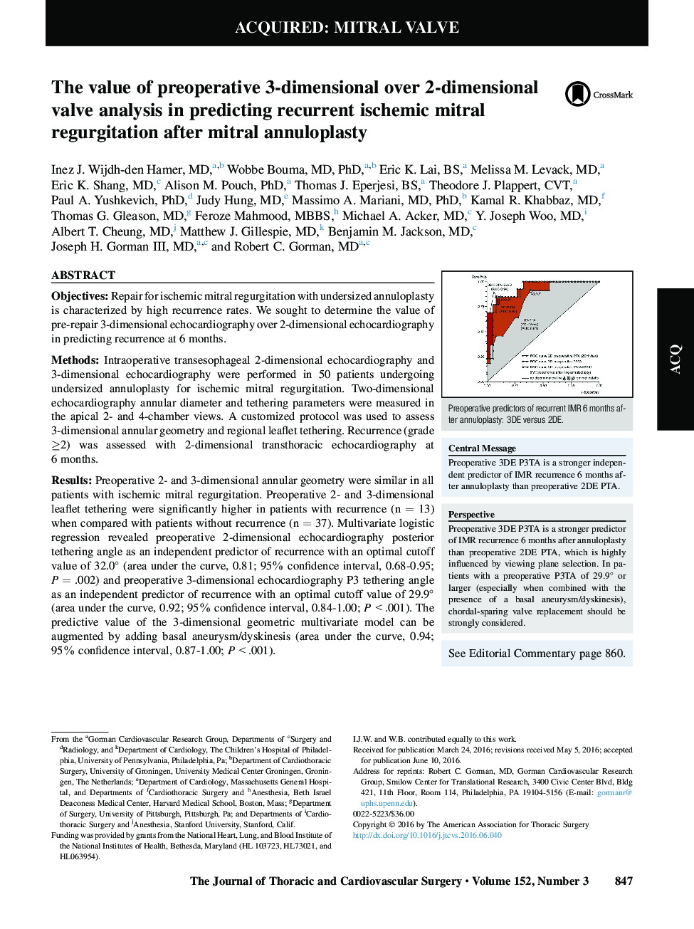 The value of preoperative 3-dimensional over 2-dimensional valve analysis in predicting recurrent ischemic mitral regurgitation after mitral annuloplasty 