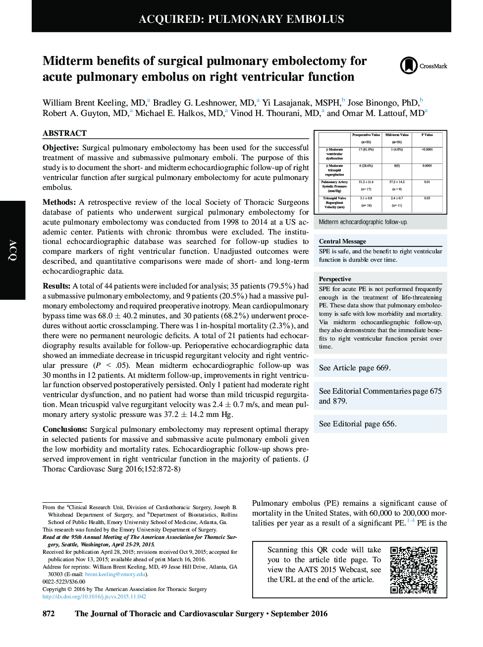 Midterm benefits of surgical pulmonary embolectomy for acute pulmonary embolus on right ventricular function 