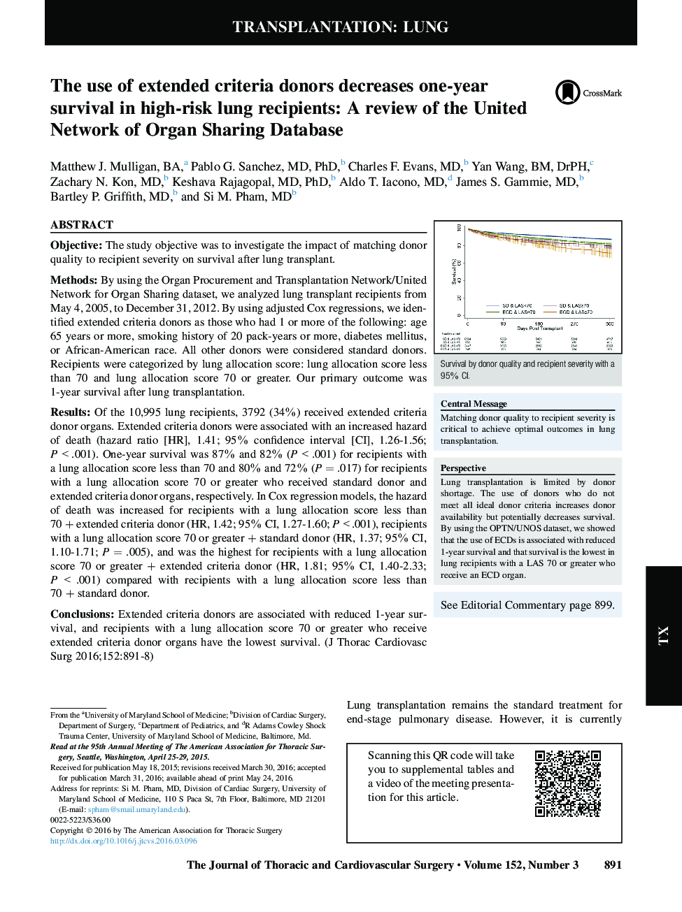The use of extended criteria donors decreases one-year survival in high-risk lung recipients: A review of the United Network of Organ Sharing Database