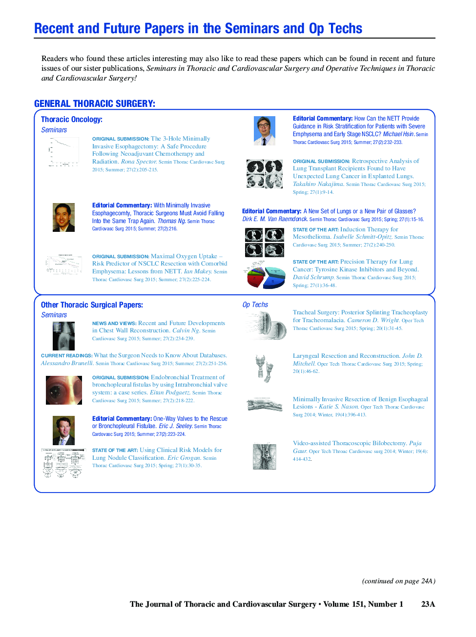 Recent and Future Papers in the Seminars and Op Techs