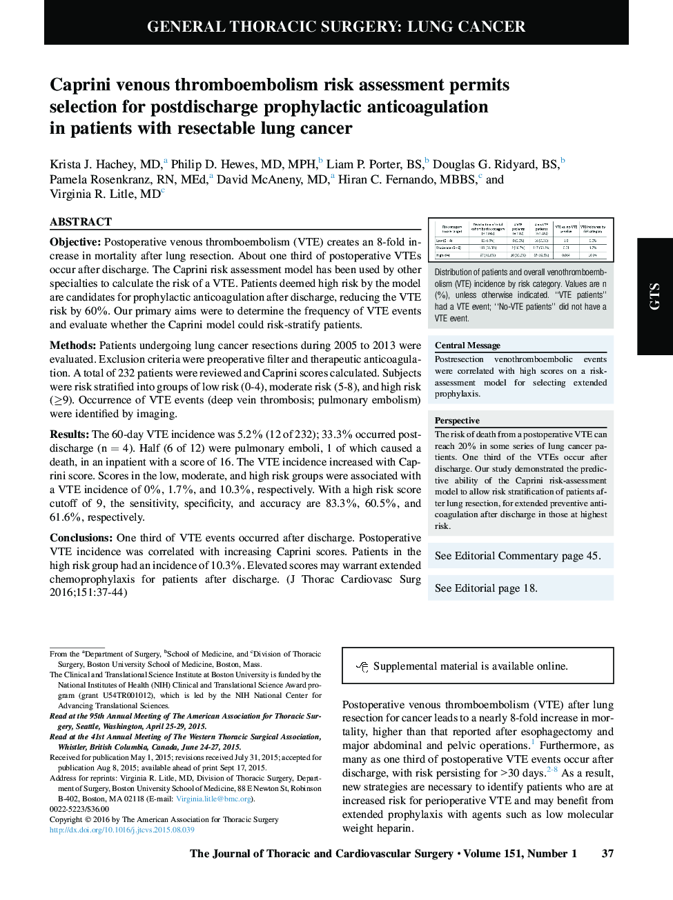 Caprini venous thromboembolism risk assessment permits selectionÂ for postdischarge prophylactic anticoagulation inÂ patientsÂ withÂ resectable lung cancer