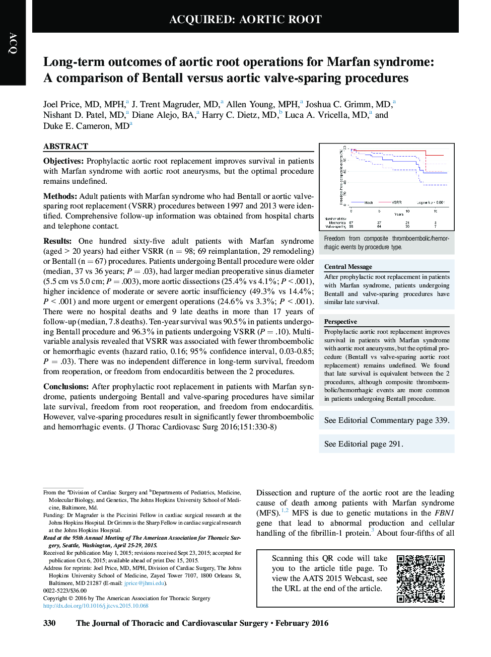 Long-term outcomes of aortic root operations for Marfan syndrome: A comparison of Bentall versus aortic valve-sparing procedures 