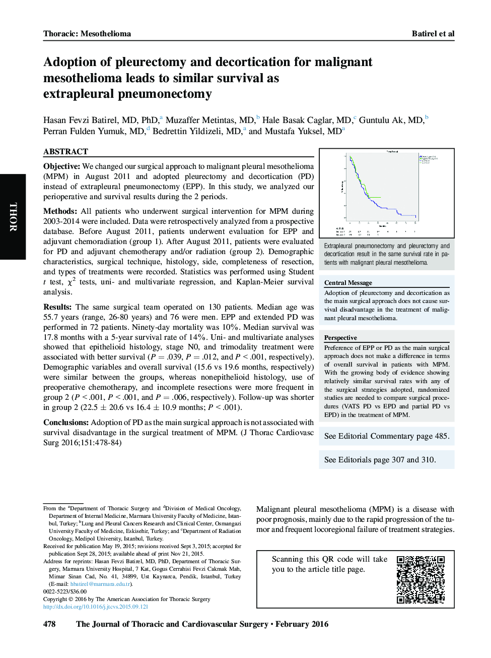 Adoption of pleurectomy and decortication for malignant mesothelioma leads to similar survival as extrapleural pneumonectomy