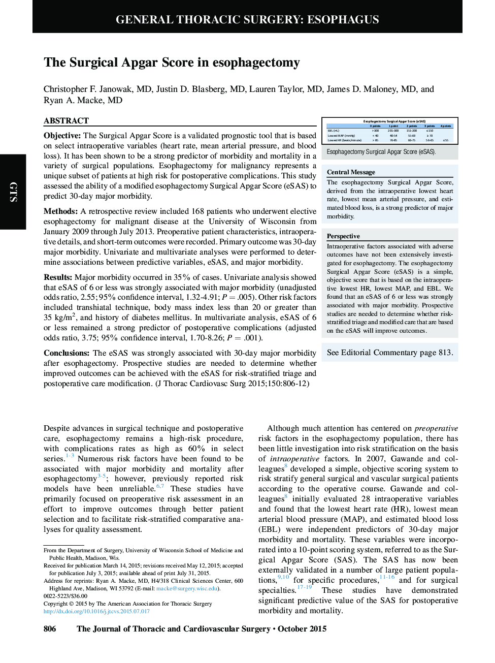 The Surgical Apgar Score in esophagectomy