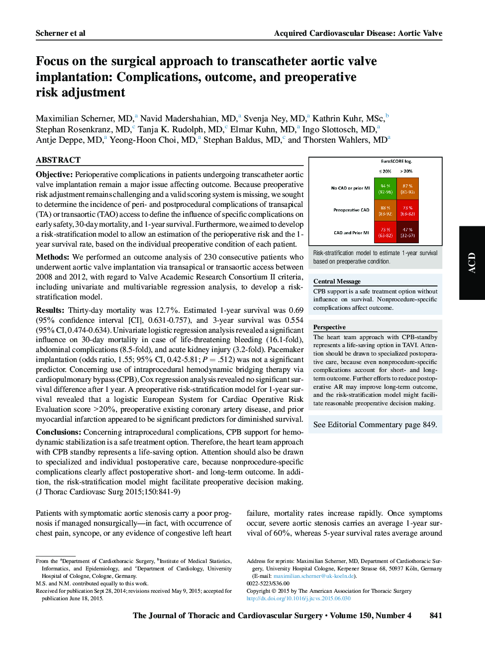 Focus on the surgical approach to transcatheter aortic valve implantation: Complications, outcome, and preoperative risk adjustment 