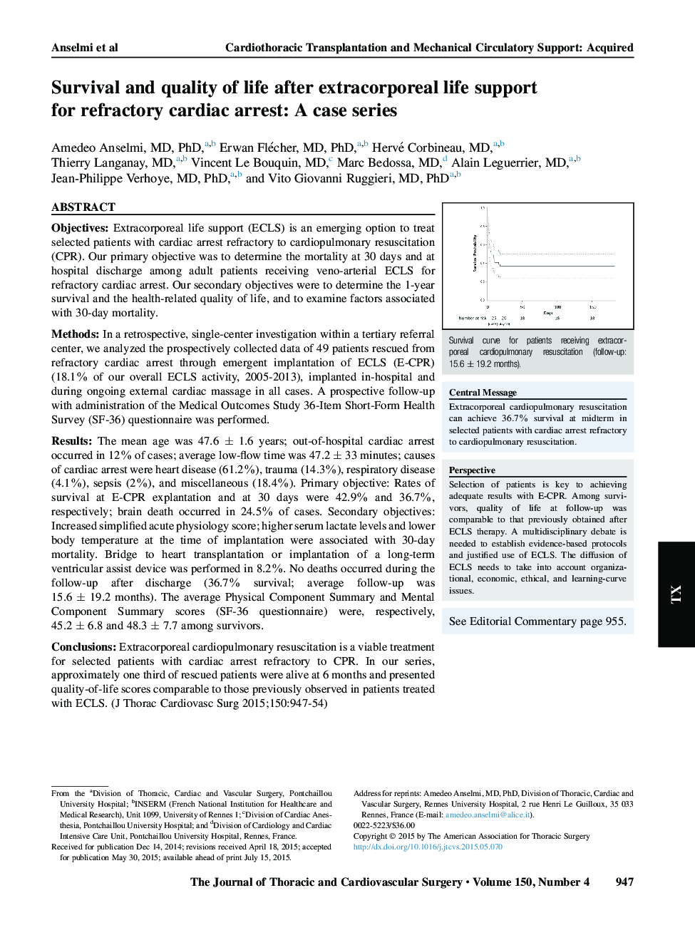 Survival and quality of life after extracorporeal life support for refractory cardiac arrest: A case series