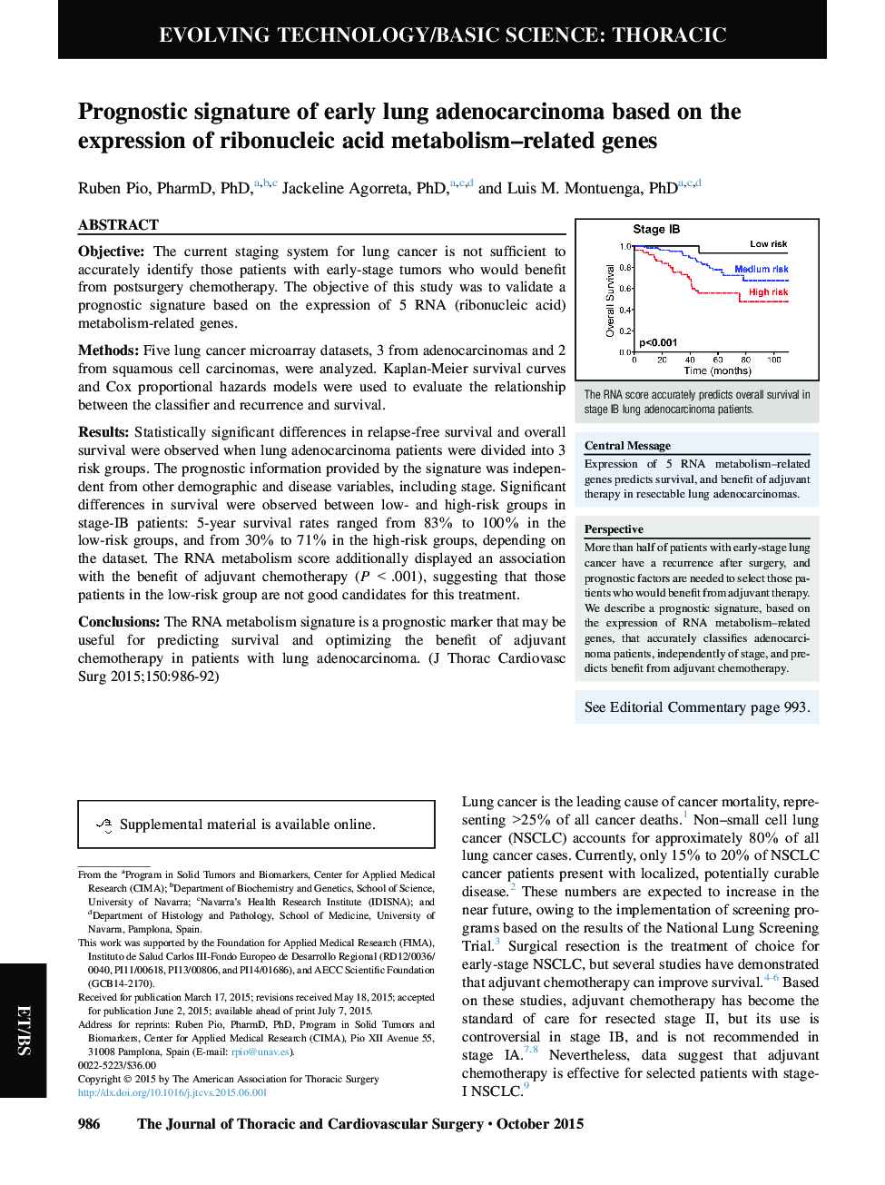 Prognostic signature of early lung adenocarcinoma based on the expression of ribonucleic acid metabolism-related genes