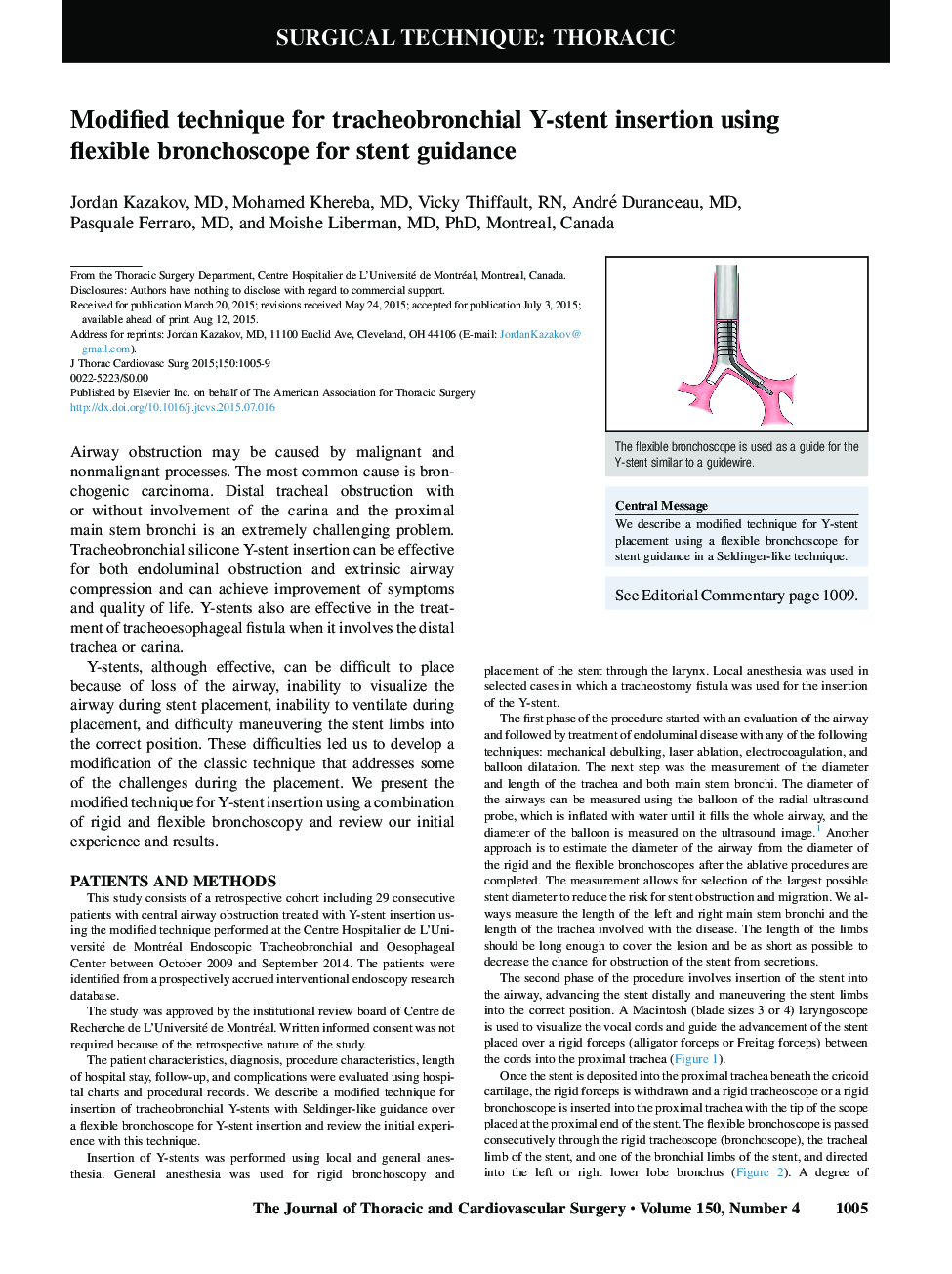 Modified technique for tracheobronchial Y-stent insertion using flexible bronchoscope for stent guidance