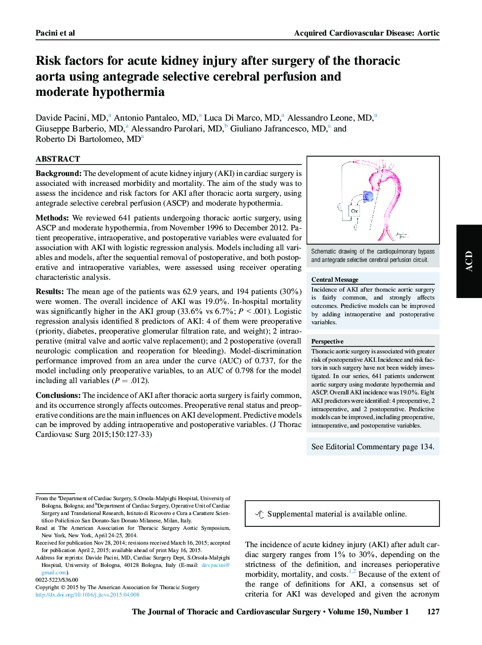 Risk factors for acute kidney injury after surgery of the thoracic aortaÂ using antegrade selective cerebral perfusion and moderate hypothermia