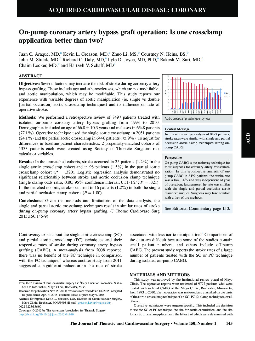 On-pump coronary artery bypass graft operation: Is one crossclamp application better than two?