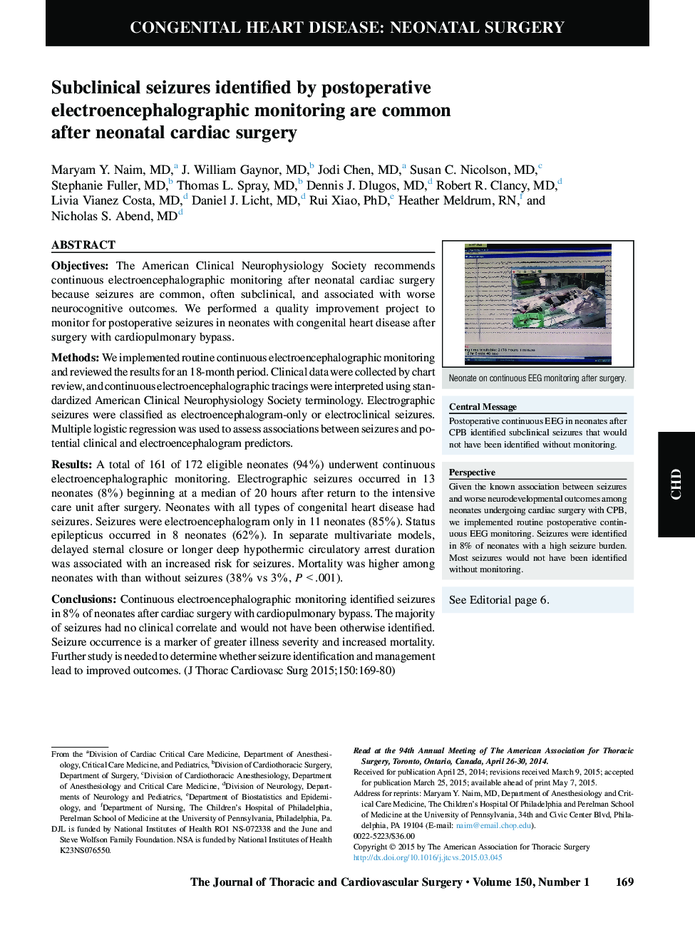 Subclinical seizures identified by postoperative electroencephalographic monitoring are common after neonatal cardiac surgery 