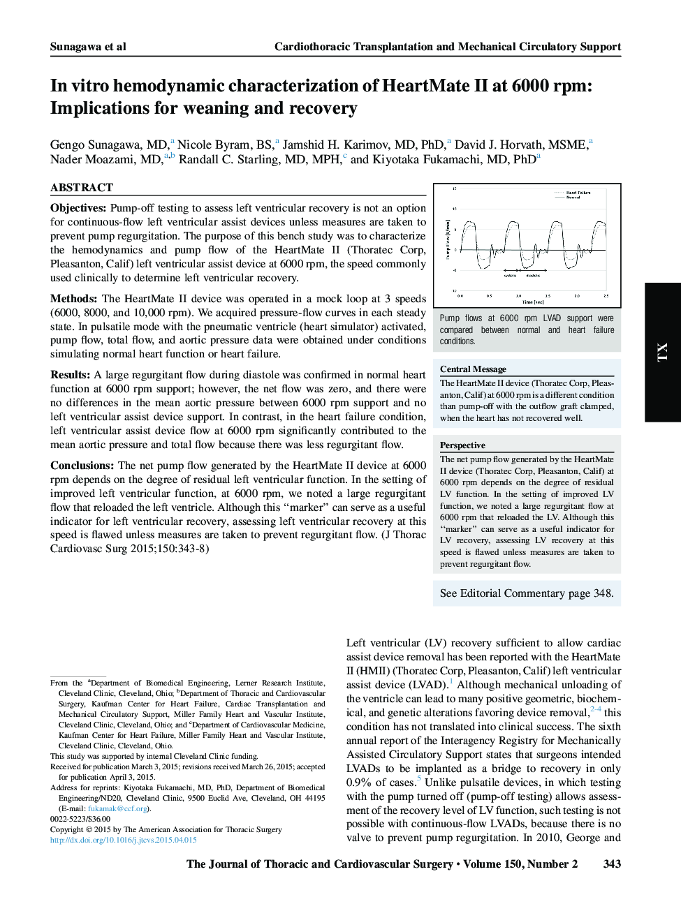 In vitro hemodynamic characterization of HeartMate II at 6000 rpm: Implications for weaning and recovery 