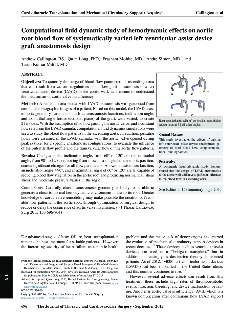 Computational fluid dynamic study of hemodynamic effects on aortic root blood flow of systematically varied left ventricular assist device graft anastomosis design