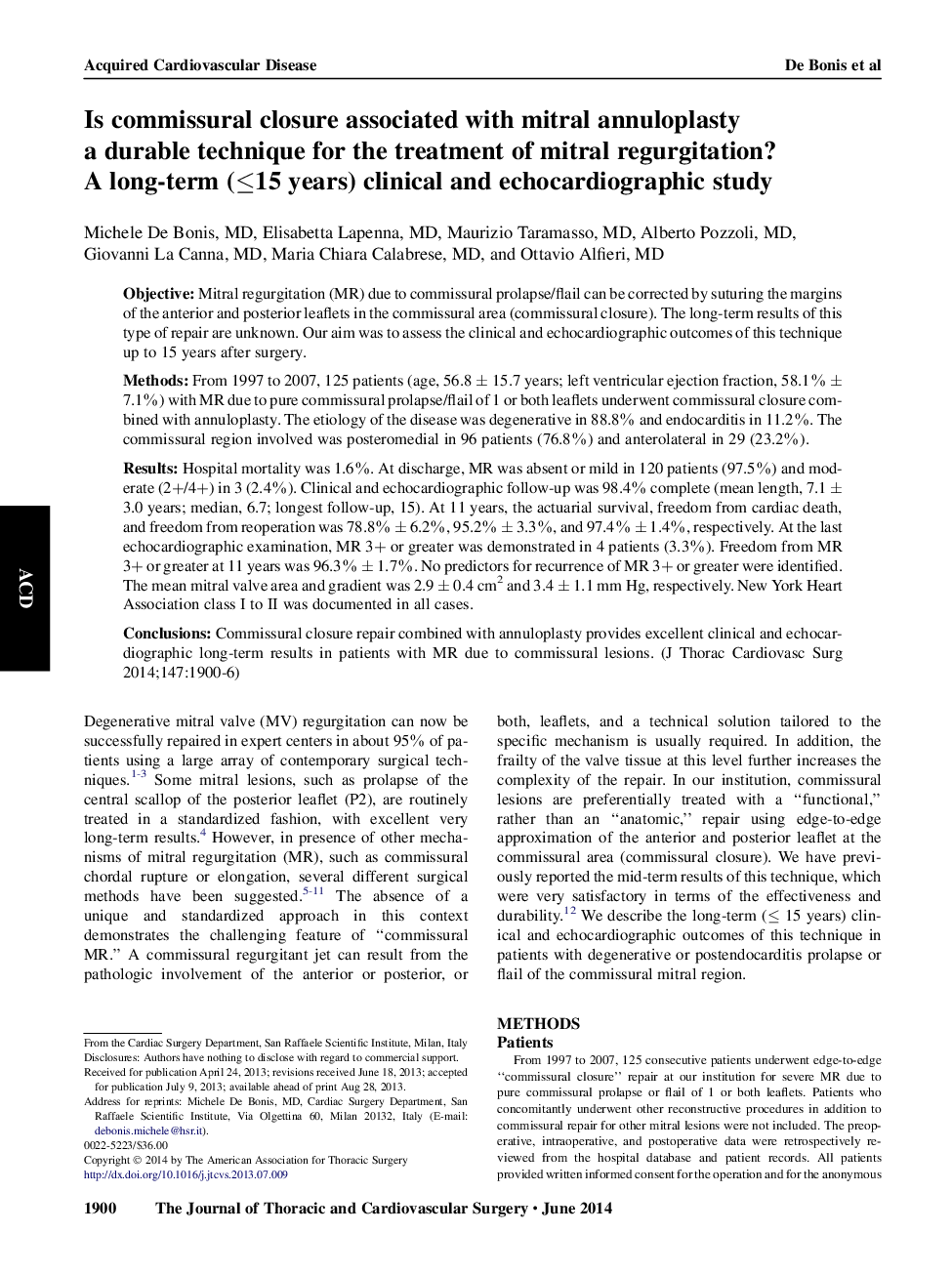 Is commissural closure associated with mitral annuloplasty a durable technique for the treatment of mitral regurgitation? A long-term (≤15 years) clinical and echocardiographic study 