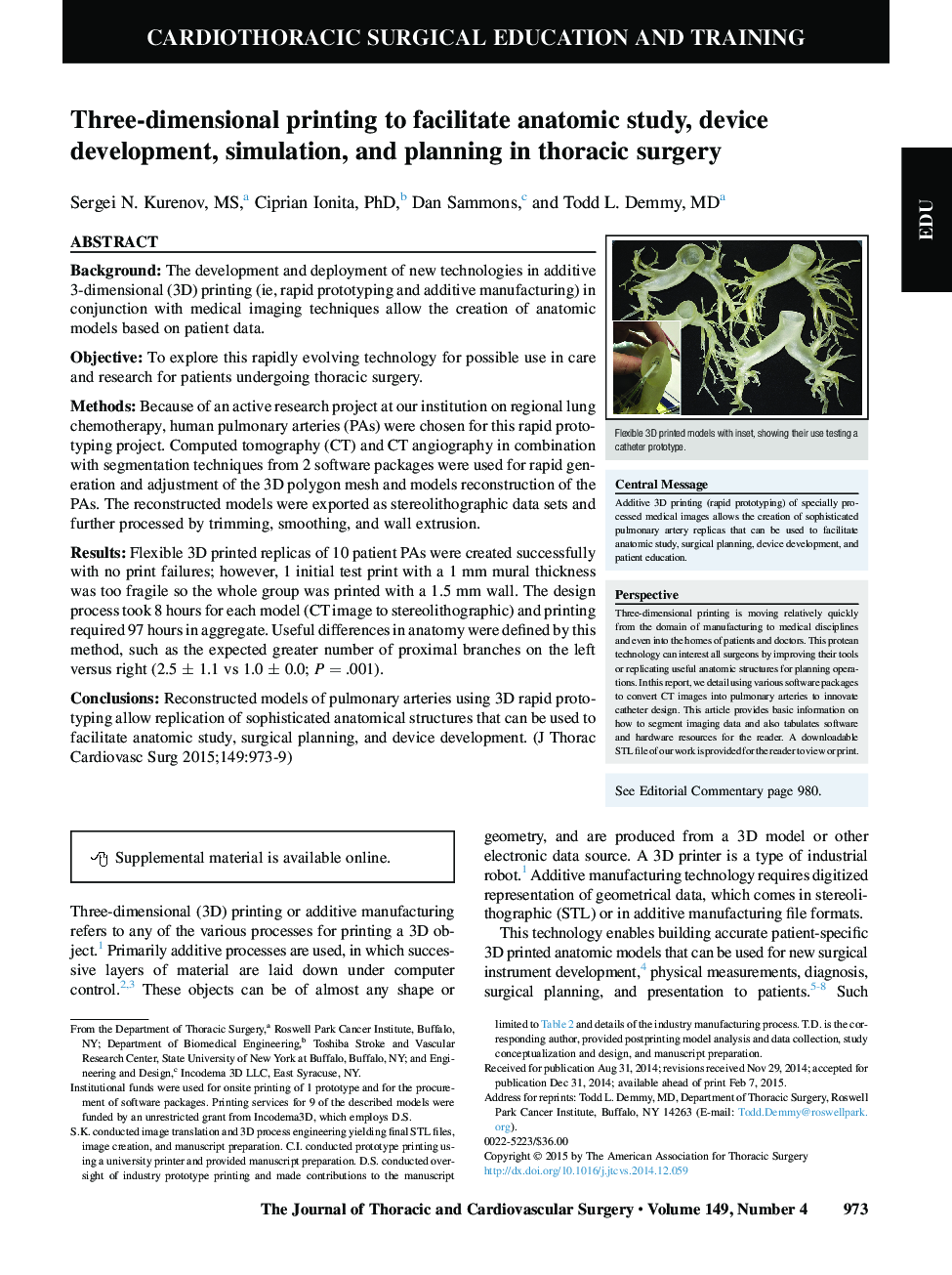 Three-dimensional printing to facilitate anatomic study, device development, simulation, and planning in thoracic surgery